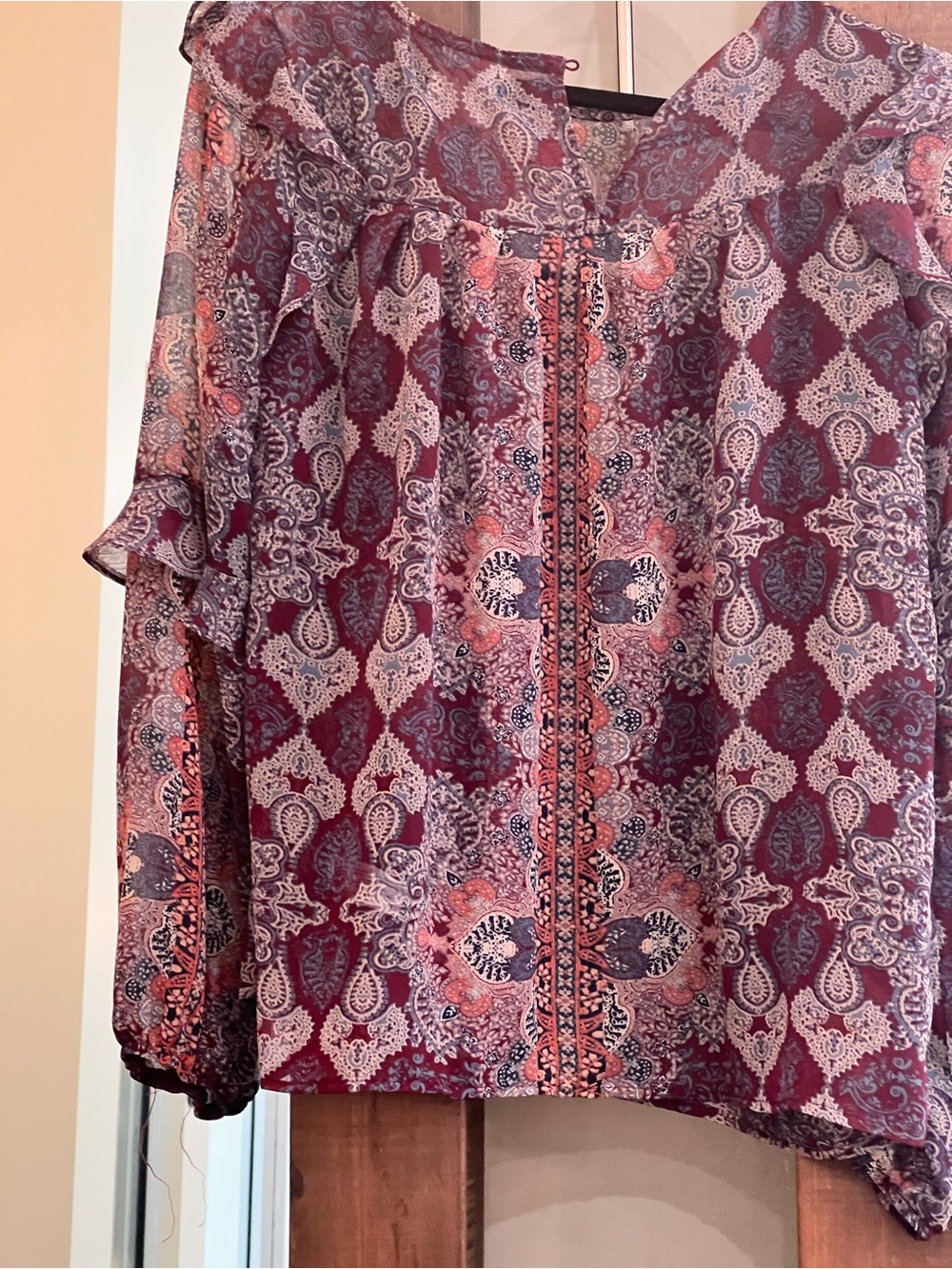 Knox Rose Wine and Pink Paisley Ruffle Blouse